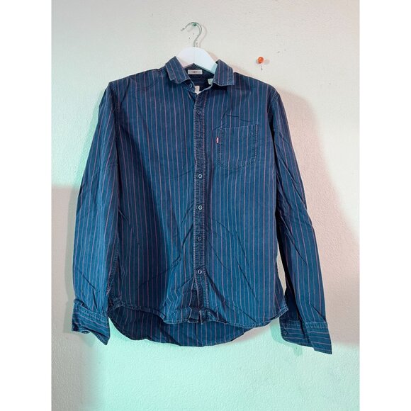 Levi's Slim Fit Mens Button-Up Striped Denim Shirt Blue Long Sleeve Casual Large - Picture 1 of 9